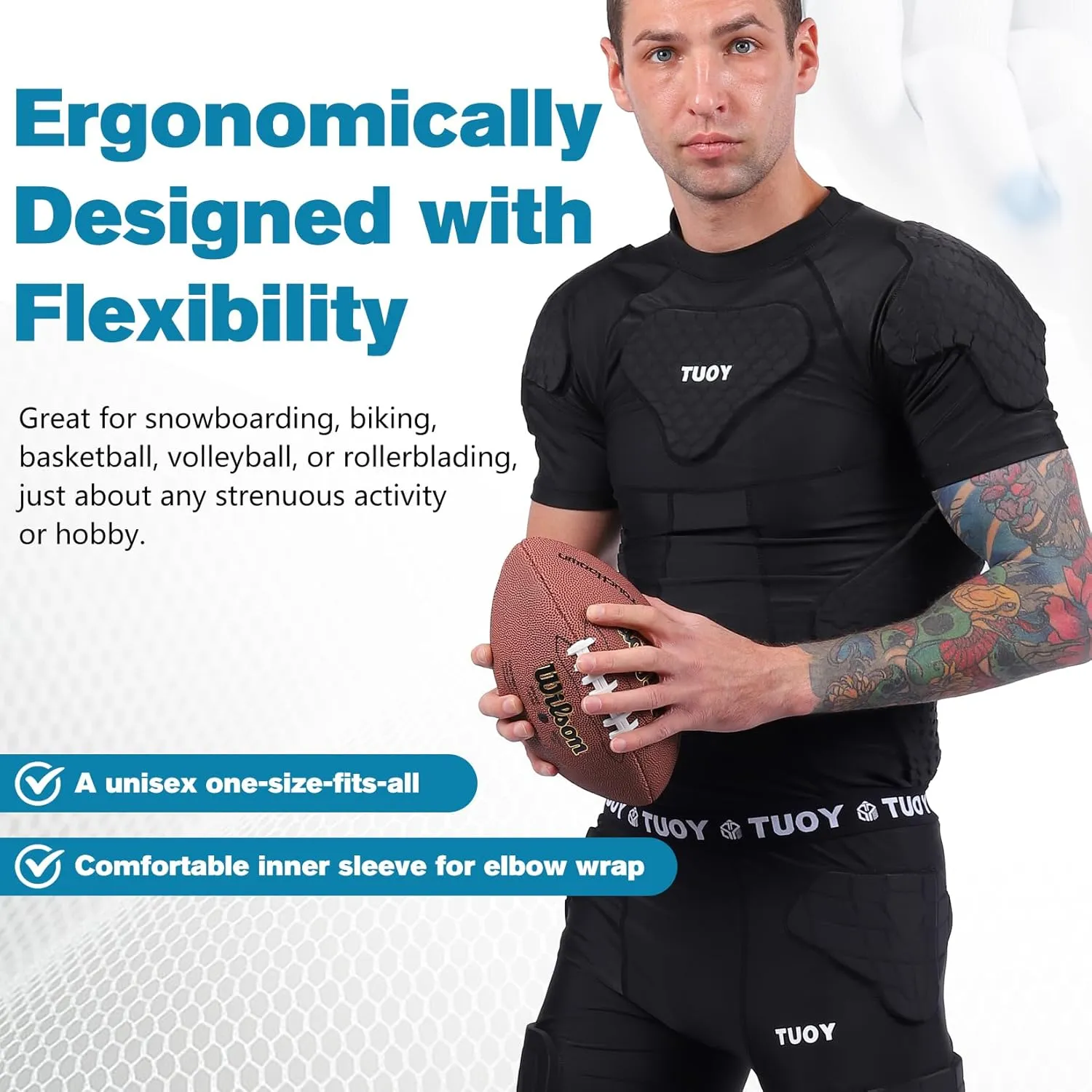Men's Padded Shirt Football Chest Rib Protector Heart Sternum Guard Compression Shirt with Shoulder Back Rib Pads for Adult Football Basketball Baseball Softball Rugby