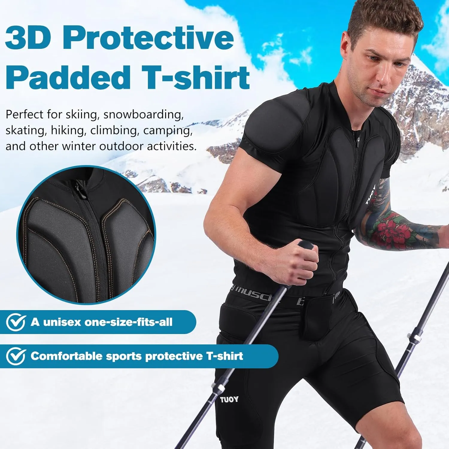Men's Padded Snowboarding Sports Shirt Body Armor Chest Shoulder Back Protector with Thick EVA Back Pads