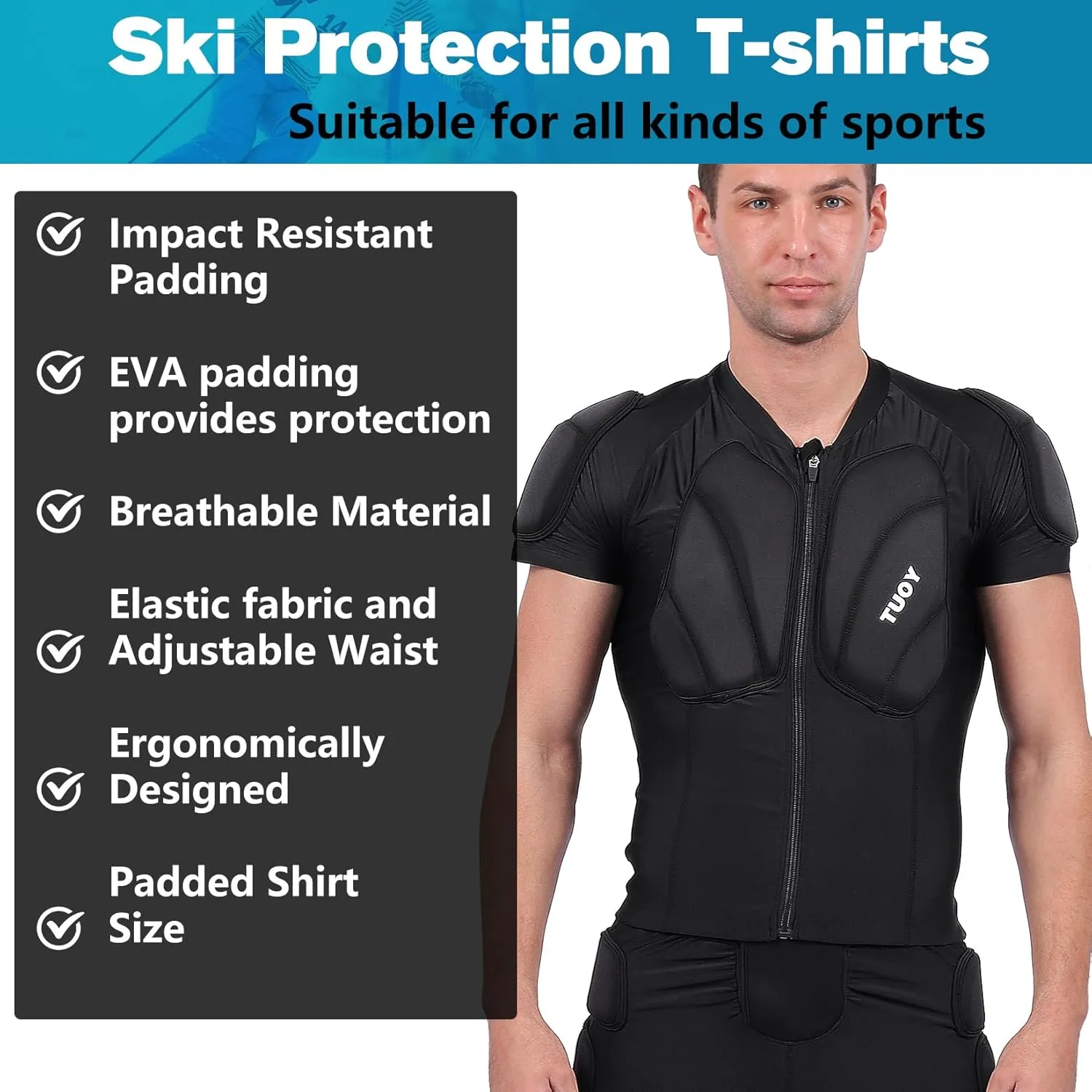 Men's Padded Snowboarding Sports Shirt Body Armor Chest Shoulder Back Protector with Thick EVA Back Pads