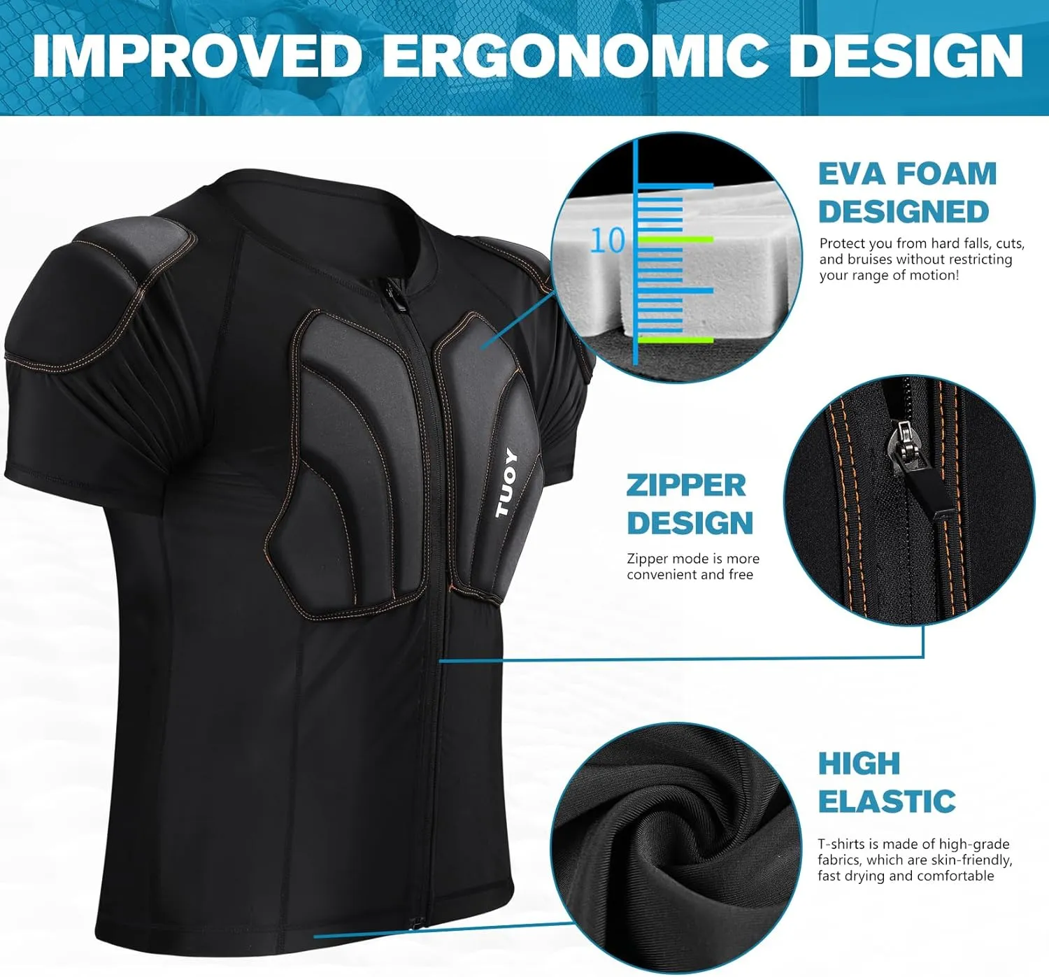 Men's Padded Snowboarding Sports Shirt Body Armor Chest Shoulder Back Protector with Thick EVA Back Pads