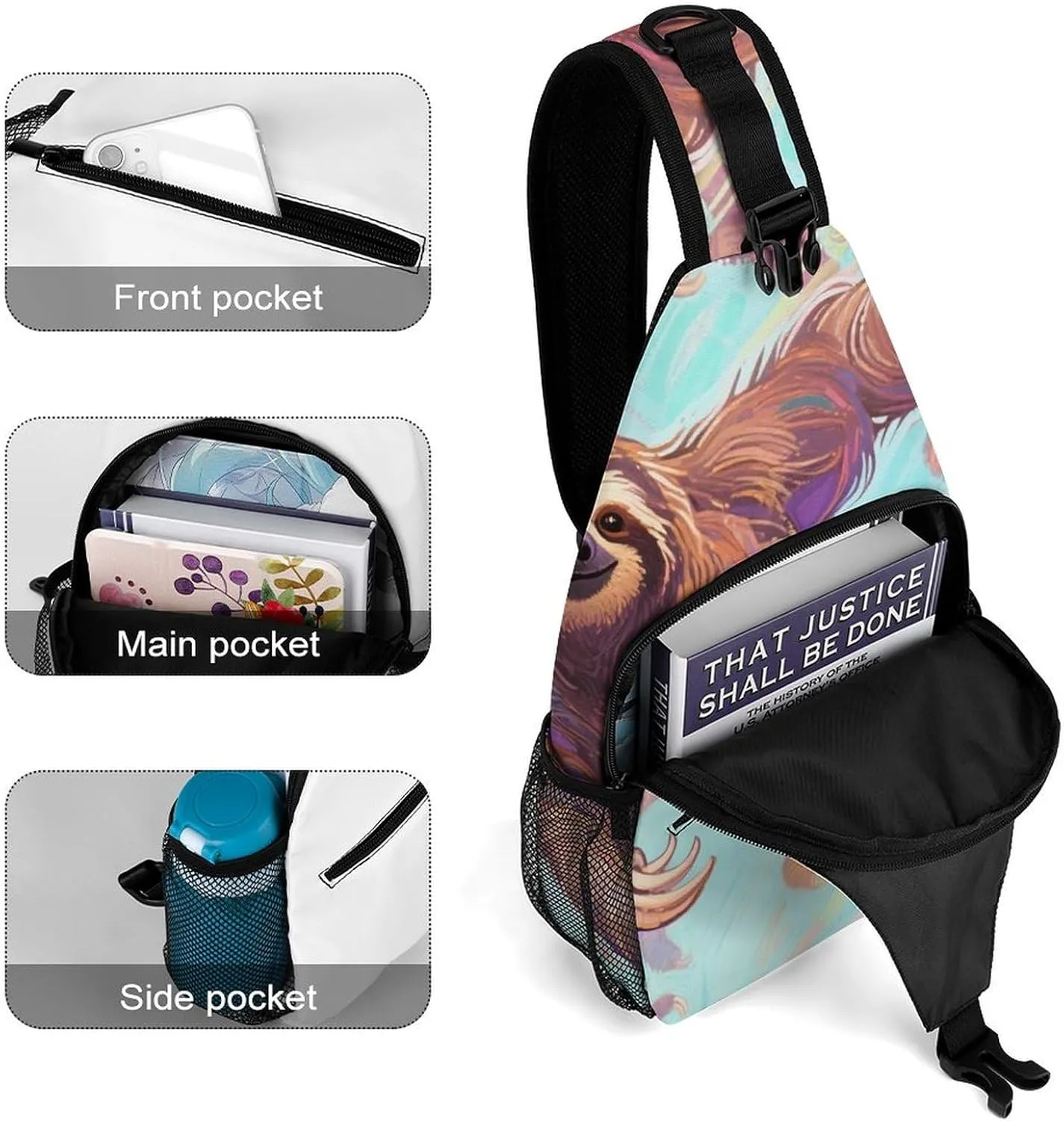 Men's Sling Backpack Packable Compact Crossbody Rucksack - Animals Sloth Art Multipurpose Anti-Theft Rucksack Camera Case With Adjustable Shoulder Strap