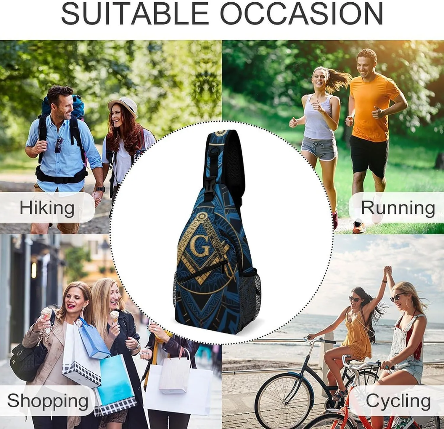 Men's Sling Bag Backpack Packable Small Chest Rucksack - Gold Freemason Freemasonry Masonic Art Multipurpose Anti-Theft Messenger Bag With Adjustable Shoulder Strap