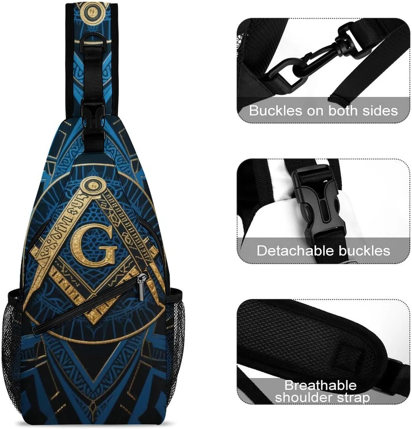 Men's Sling Bag Backpack Packable Small Chest Rucksack - Gold Freemason Freemasonry Masonic Art Multipurpose Anti-Theft Messenger Bag With Adjustable Shoulder Strap