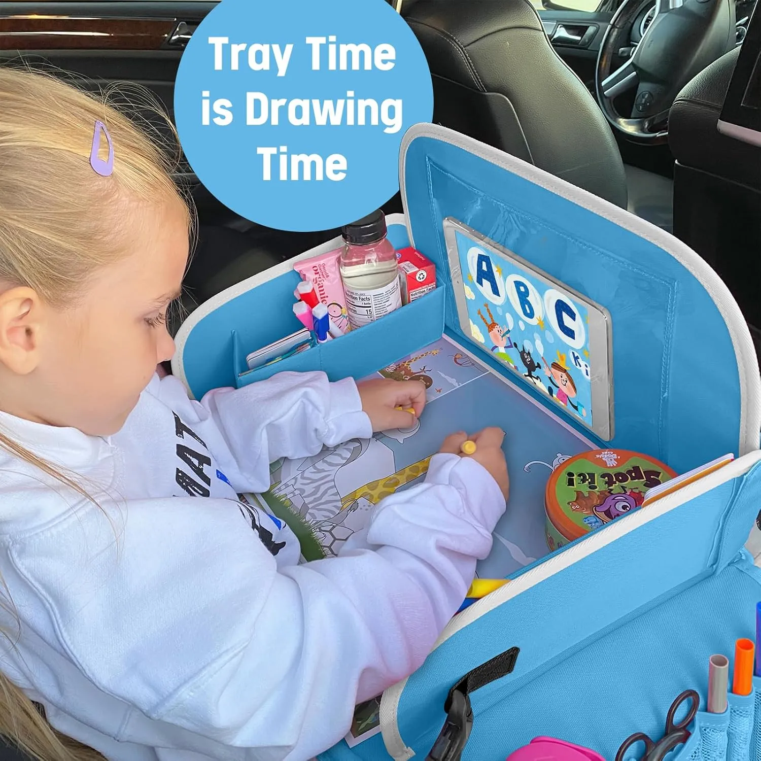 MENZOKE Kids Travel Tray for Boys or Girls, Travel Tray for Kids Car Seat with Tablet Holder, Dry Erase Board & Cooler Cup Holder, Road Trip Essentials Accessories for Car Trip, Airplane (2 Pack)