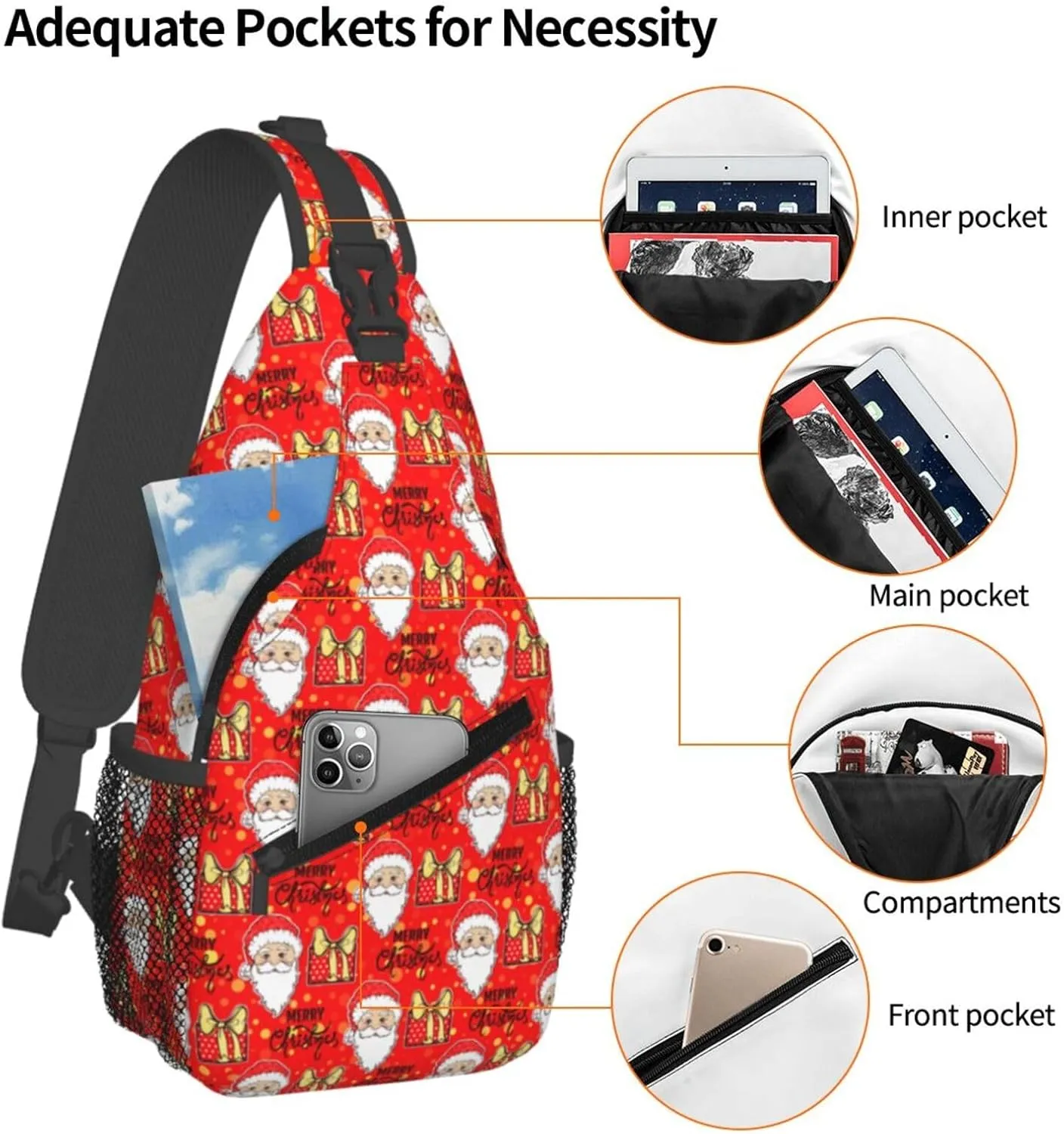 Merry Christmas Santa Claus Gift Cross Chest Bag Diagonally Hiking Crossbody Bag Travel Shoulder Daypack Lightweight Sling Backpack Cycling Daypacks Fitness Chest Backpacks