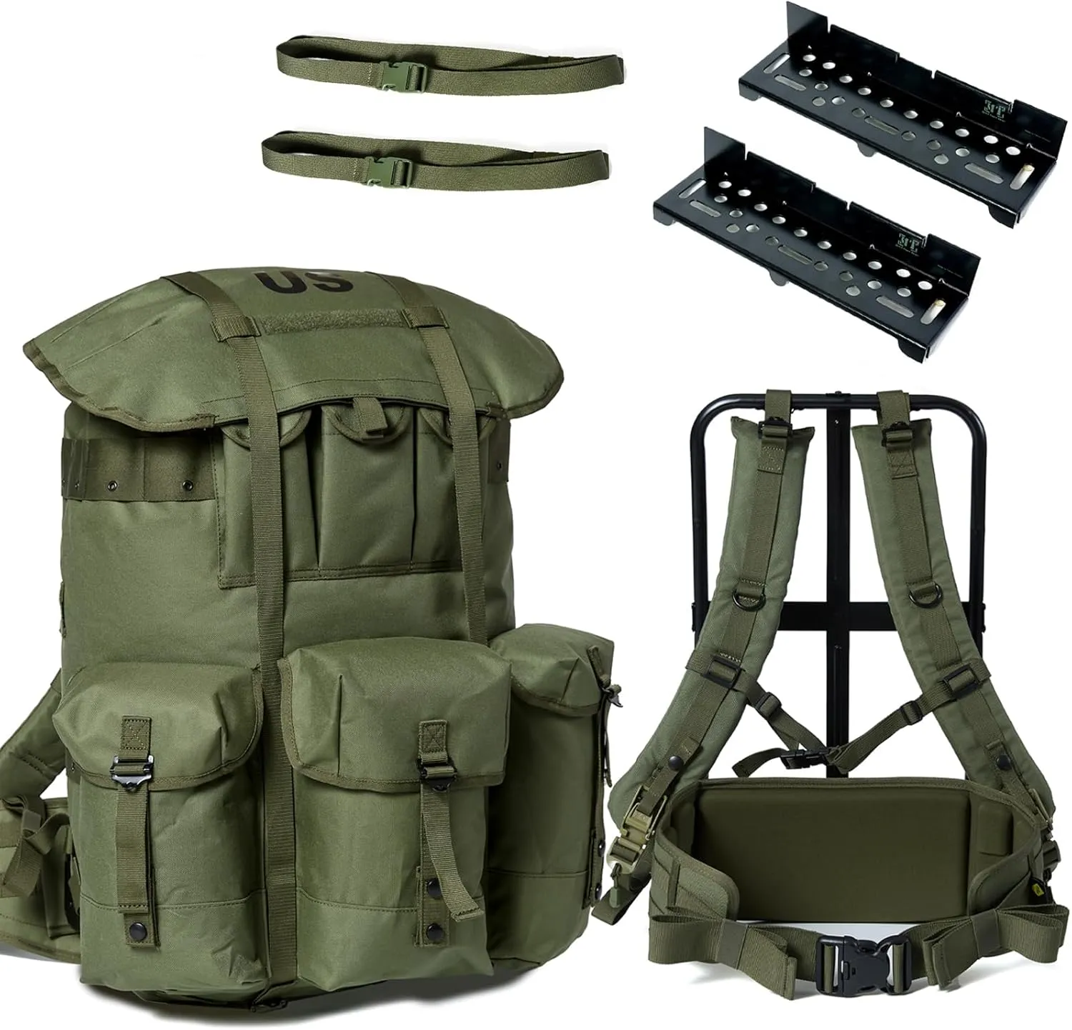 Military ALICE Pack Large Size with 2pcs Support Shelf – Tactical Rucksack with Expandable Straps, Aluminum Quick-Release Buckles, and Enhanced Waist Support – US Logo, Army Green
