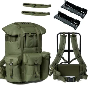 Military ALICE Pack Large Size with 2pcs Support Shelf – Tactical Rucksack with Expandable Straps, Aluminum Quick-Release Buckles, and Enhanced Waist Support – US Logo, Army Green