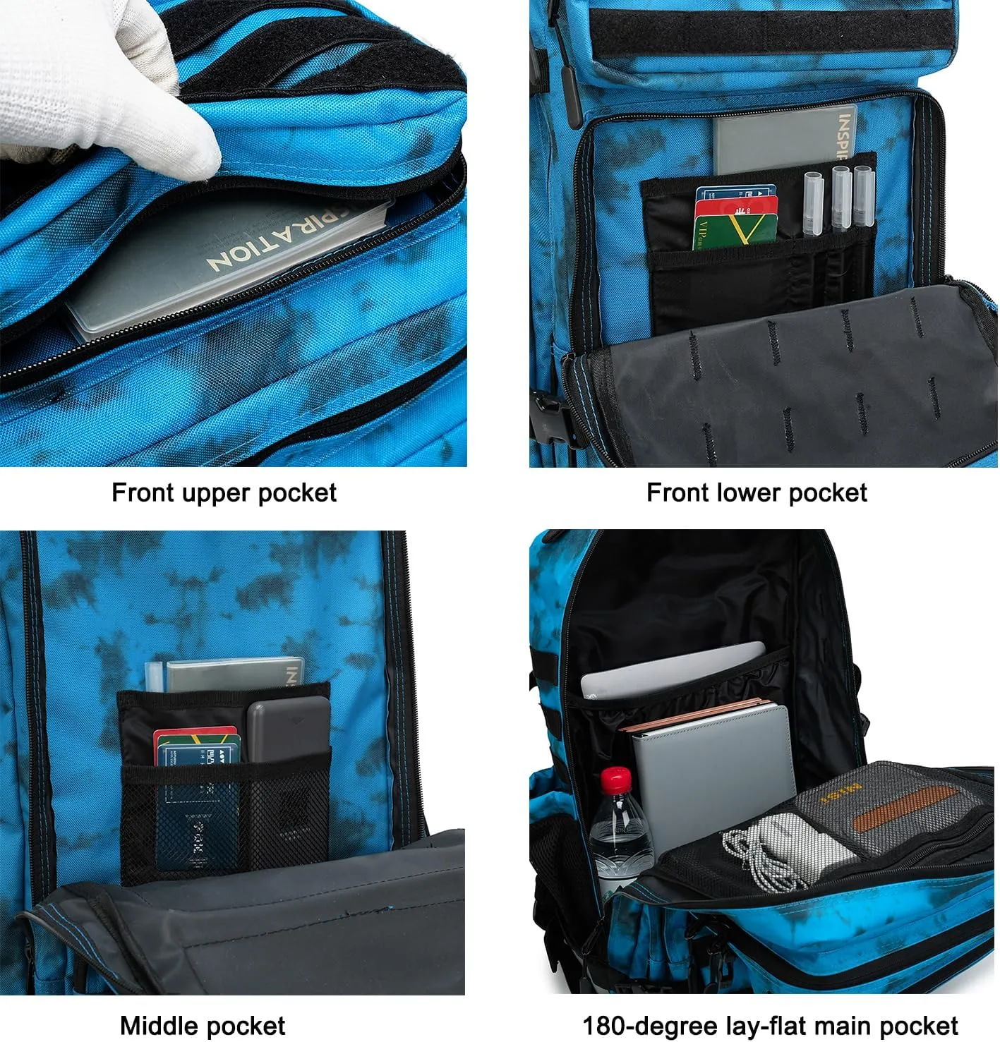 Military Tactical Backpack 45L Bug Out Bag Assault Pack Molle Daypack Hiking Gym Rucksack with Bottle Holder(Blue tie dye)