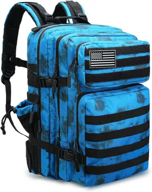 Military Tactical Backpack 45L Bug Out Bag Assault Pack Molle Daypack Hiking Gym Rucksack with Bottle Holder(Blue tie dye)