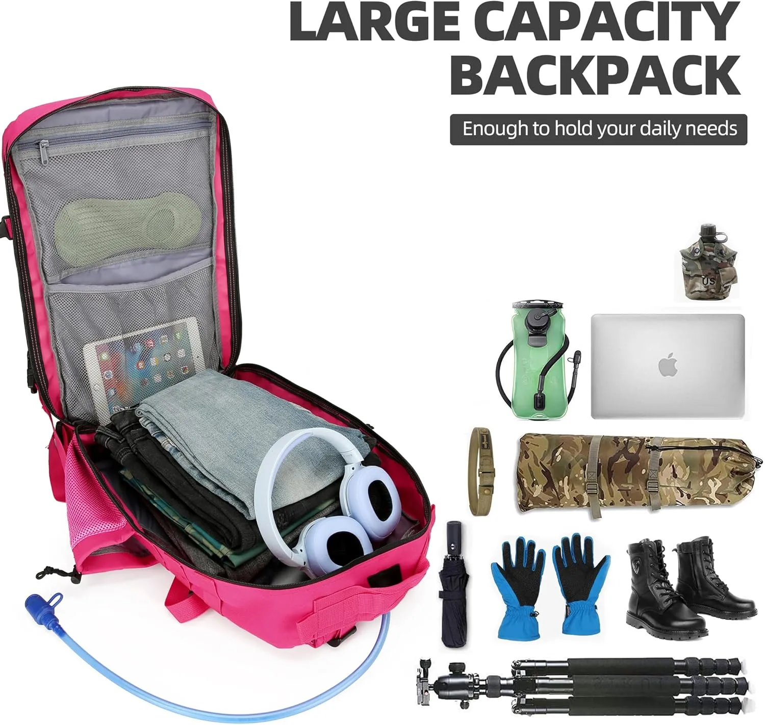 Military Tactical Backpacks Molle Army Assault Pack Hydration Pack Waist Belt Tactical Daypack Molle Hiking Packs (RoseRed)