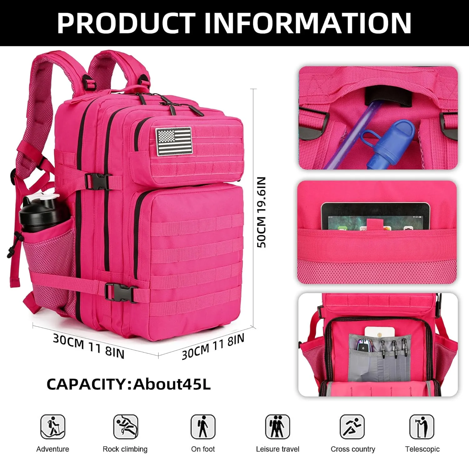 Military Tactical Backpacks Molle Army Assault Pack Hydration Pack Waist Belt Tactical Daypack Molle Hiking Packs (RoseRed)