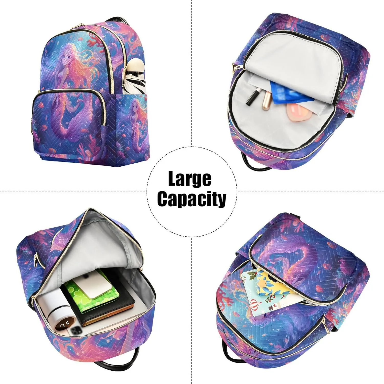 Mini Backpack for Women Blue Purple Mermaid Coral Fish Sea Small Purse Daypacks Stylish Bags Lightweight Travel Backpacks for College Shopping Work Dating