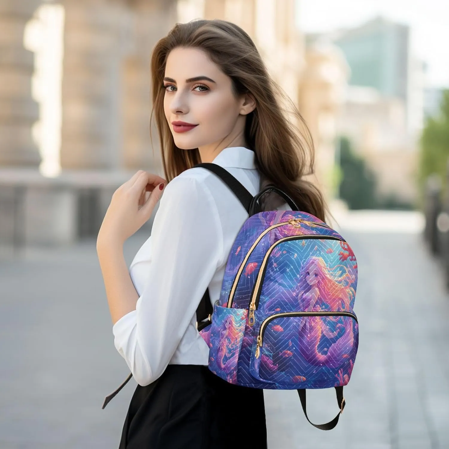 Mini Backpack for Women Blue Purple Mermaid Coral Fish Sea Small Purse Daypacks Stylish Bags Lightweight Travel Backpacks for College Shopping Work Dating