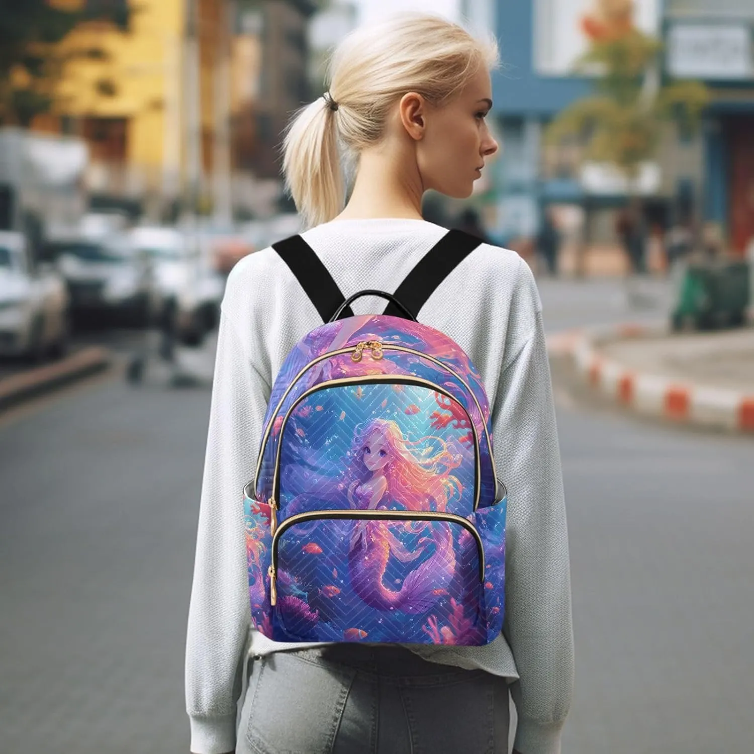 Mini Backpack for Women Blue Purple Mermaid Coral Fish Sea Small Purse Daypacks Stylish Bags Lightweight Travel Backpacks for College Shopping Work Dating