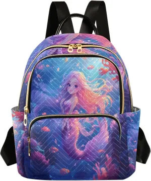 Mini Backpack for Women Blue Purple Mermaid Coral Fish Sea Small Purse Daypacks Stylish Bags Lightweight Travel Backpacks for College Shopping Work Dating