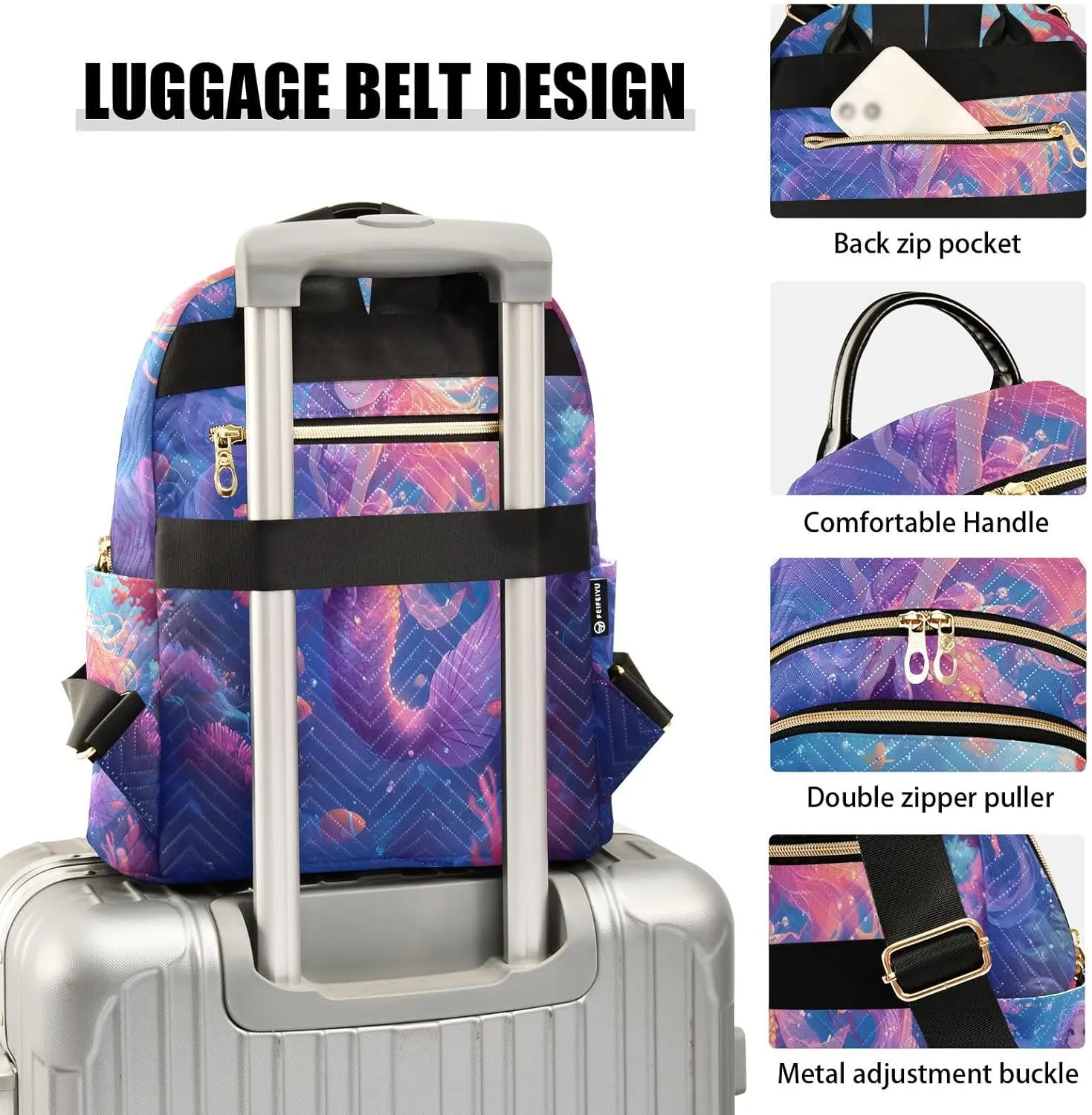 Mini Backpack for Women Blue Purple Mermaid Coral Fish Sea Small Purse Daypacks Stylish Bags Lightweight Travel Backpacks for College Shopping Work Dating