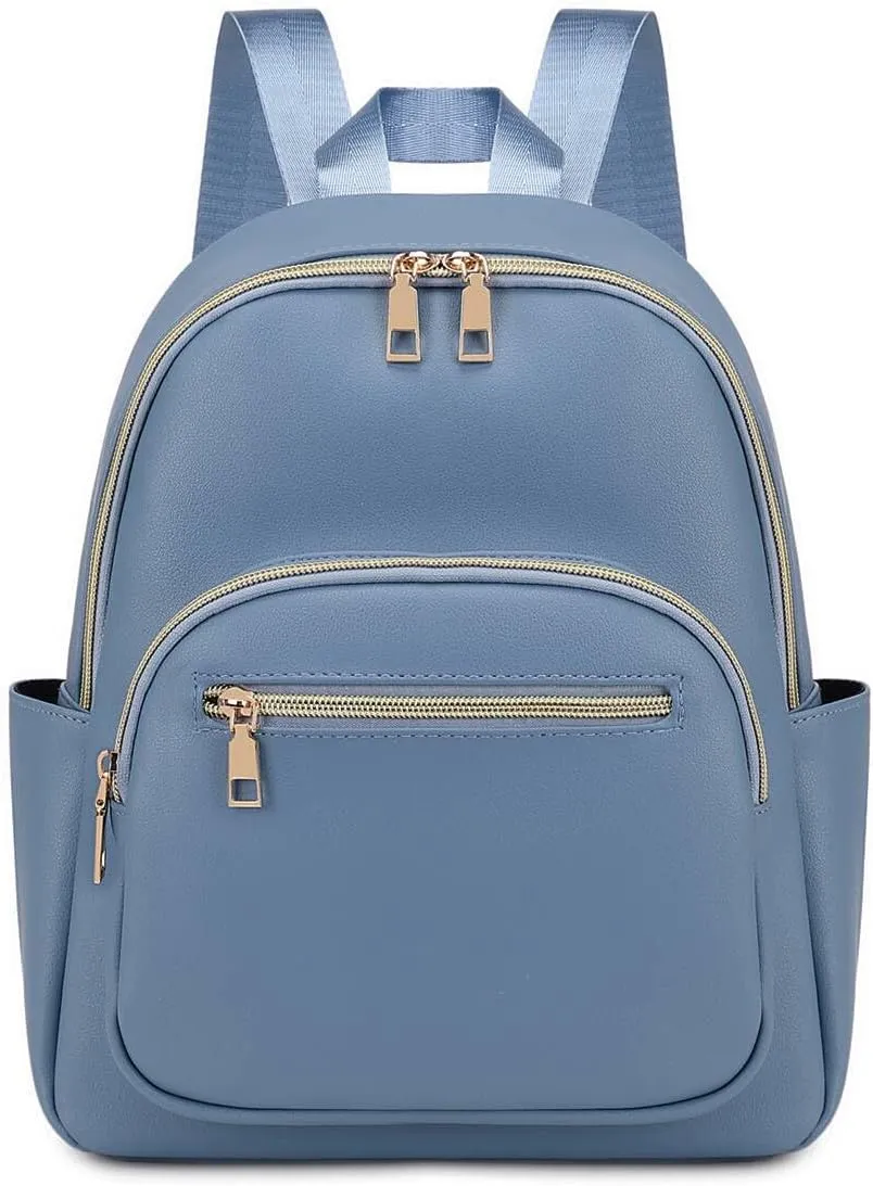 Mini Backpack Purse for Women PU Leather Small Backpack Fashion Multi Pockets Casual Daypacks Ladies Travel Shoulder Bags Haze blue