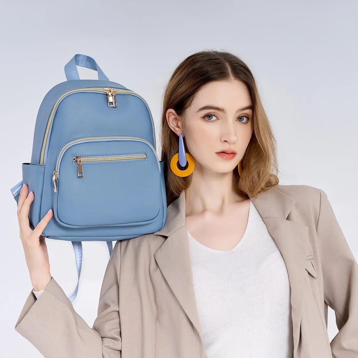 Mini Backpack Purse for Women PU Leather Small Backpack Fashion Multi Pockets Casual Daypacks Ladies Travel Shoulder Bags Haze blue