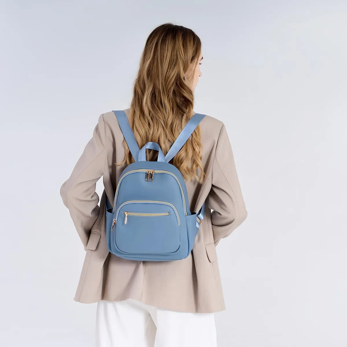 Mini Backpack Purse for Women PU Leather Small Backpack Fashion Multi Pockets Casual Daypacks Ladies Travel Shoulder Bags Haze blue