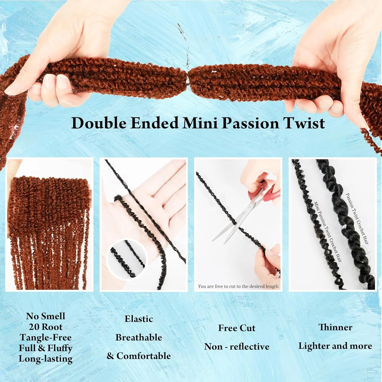 Mini Passion Twist Crochet Hair for Black Women-18 Inches 6 Packs Pure Ginger Pre Twisted Elastic and Cuttable Hair Extensions,Braided by Soft Synthetic Twist Bohemian Curl(18"-6P,350#)