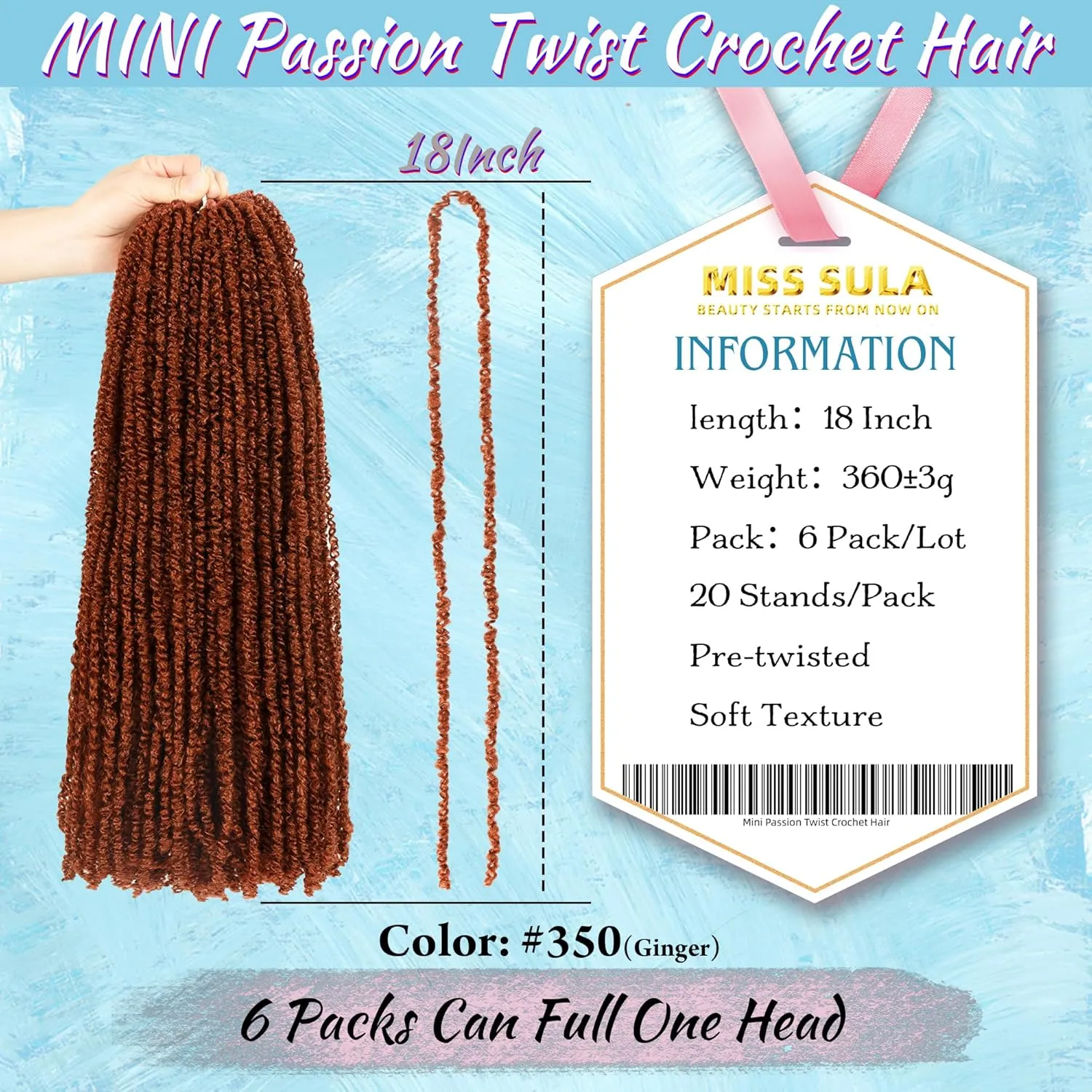 Mini Passion Twist Crochet Hair for Black Women-18 Inches 6 Packs Pure Ginger Pre Twisted Elastic and Cuttable Hair Extensions,Braided by Soft Synthetic Twist Bohemian Curl(18"-6P,350#)