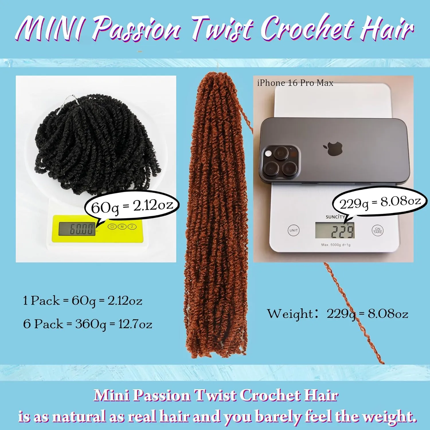 Mini Passion Twist Crochet Hair for Black Women-18 Inches 6 Packs Pure Ginger Pre Twisted Elastic and Cuttable Hair Extensions,Braided by Soft Synthetic Twist Bohemian Curl(18"-6P,350#)