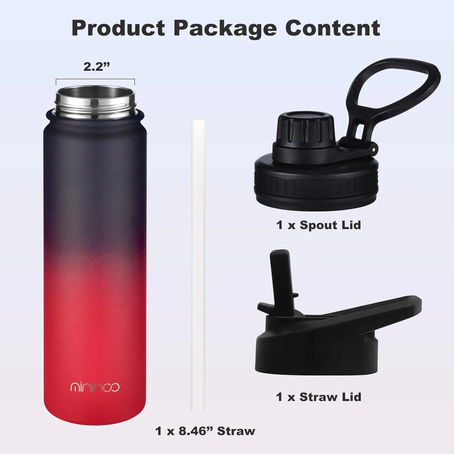 mininoo 24 oz Insulated Water Bottle with Straw Lid, Stainless Steel Double Wall Vacuum, Leak Proof, BPA Free, Keep Cold for 24H & Hot for 12H-2 pack(Ice Coke)
