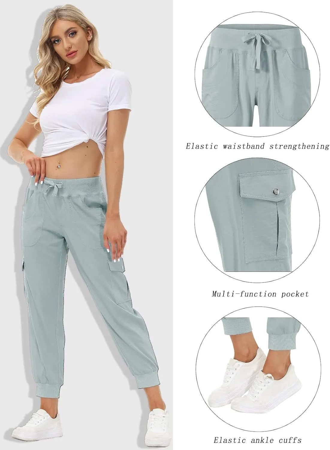 MoFiz Women's Lightweight Hiking Cargo Pants Outdoor Quick Dry Casual Travel Sweatpants Joggers Elastic Waist Button Pockets