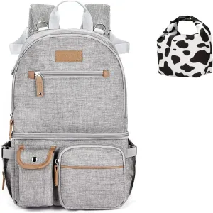 MOMIGO Breast Pump Backpack - Cooler and Moistureproof Bag（Grey）& Insulated Breastmilk Cooler Bag(COW