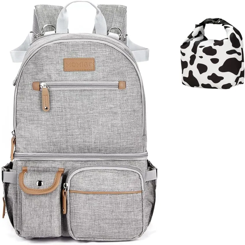 MOMIGO Breast Pump Backpack - Cooler and Moistureproof Bag（Grey）& Insulated Breastmilk Cooler Bag(COW