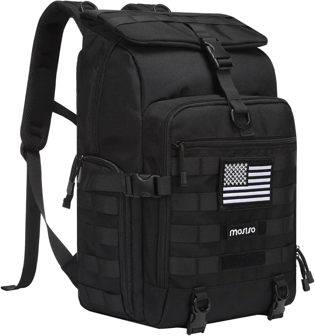 MOSISO 30L Tactical Backpack, Military Daypack 3 Day Assault Pack with Top Flap Pocket & USA Flag Patch, Assault Bag Rucksack for Outdoor Hiking Hunting Camping Training Travel, Black