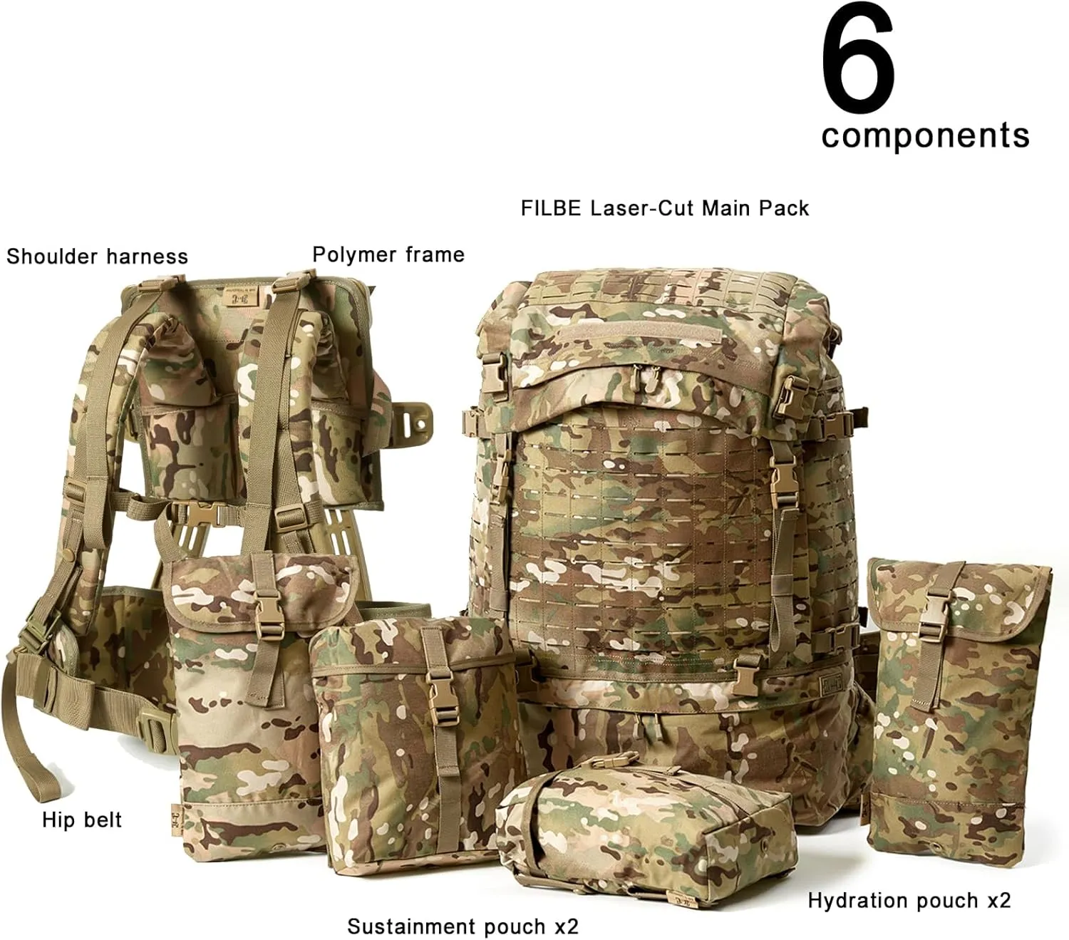 MT FILBE 100L Modular Rucksack System Military Ruck with External ABS Frame, Detachable Assault Pack & Hydration Carrier