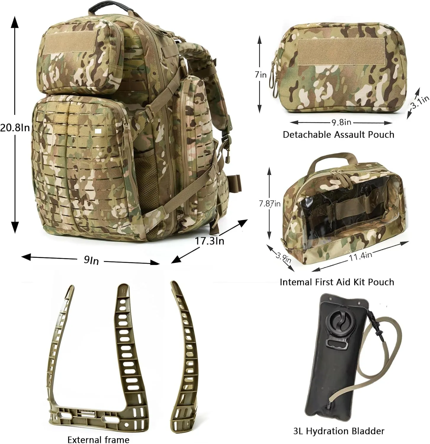 MT Military 3Day Rucksack with External Frame MOLLE Army Medium Ruck, Assault Backpack