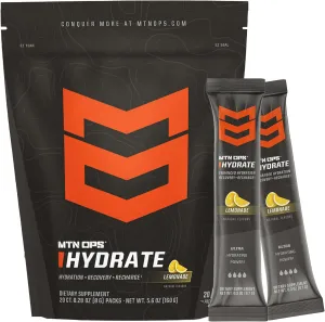 MTN OPS Hydrate Electrolytes Powder Drink Mix, 20 Single Serving On-The-Go Electrolyte Packs with Over 1000mg of Electrolytes per Serving, Lemonade