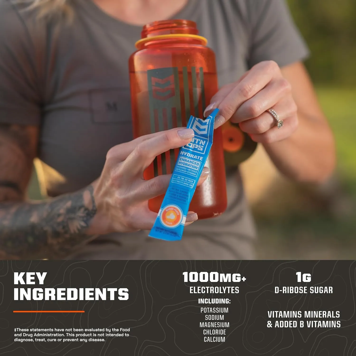 MTN OPS Hydrate Electrolytes Powder Drink Mix, 20 Single Serving On-The-Go Electrolyte Packs with Over 1000mg of Electrolytes per Serving, Lemonade