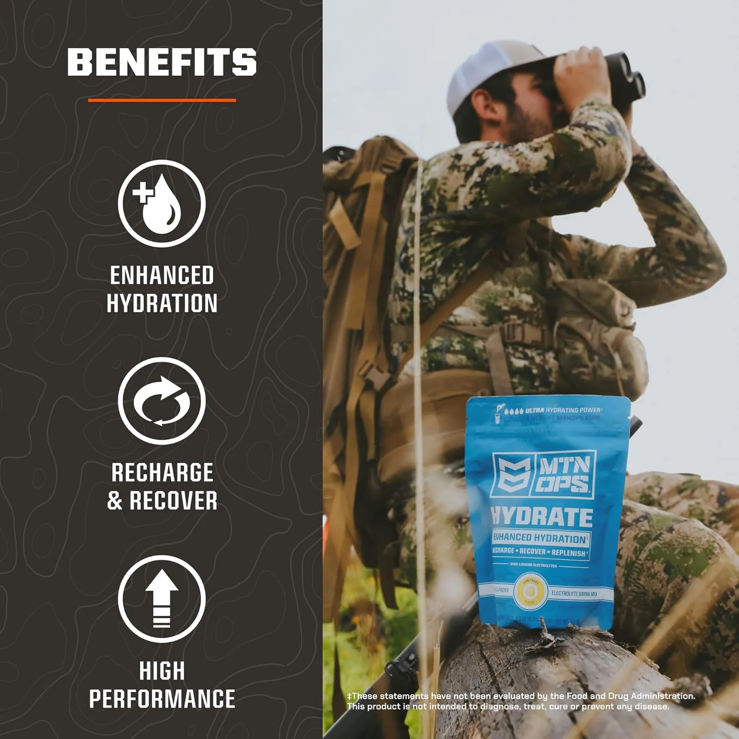 MTN OPS Hydrate Electrolytes Powder Drink Mix, 20 Single Serving On-The-Go Electrolyte Packs with Over 1000mg of Electrolytes per Serving, Lemonade