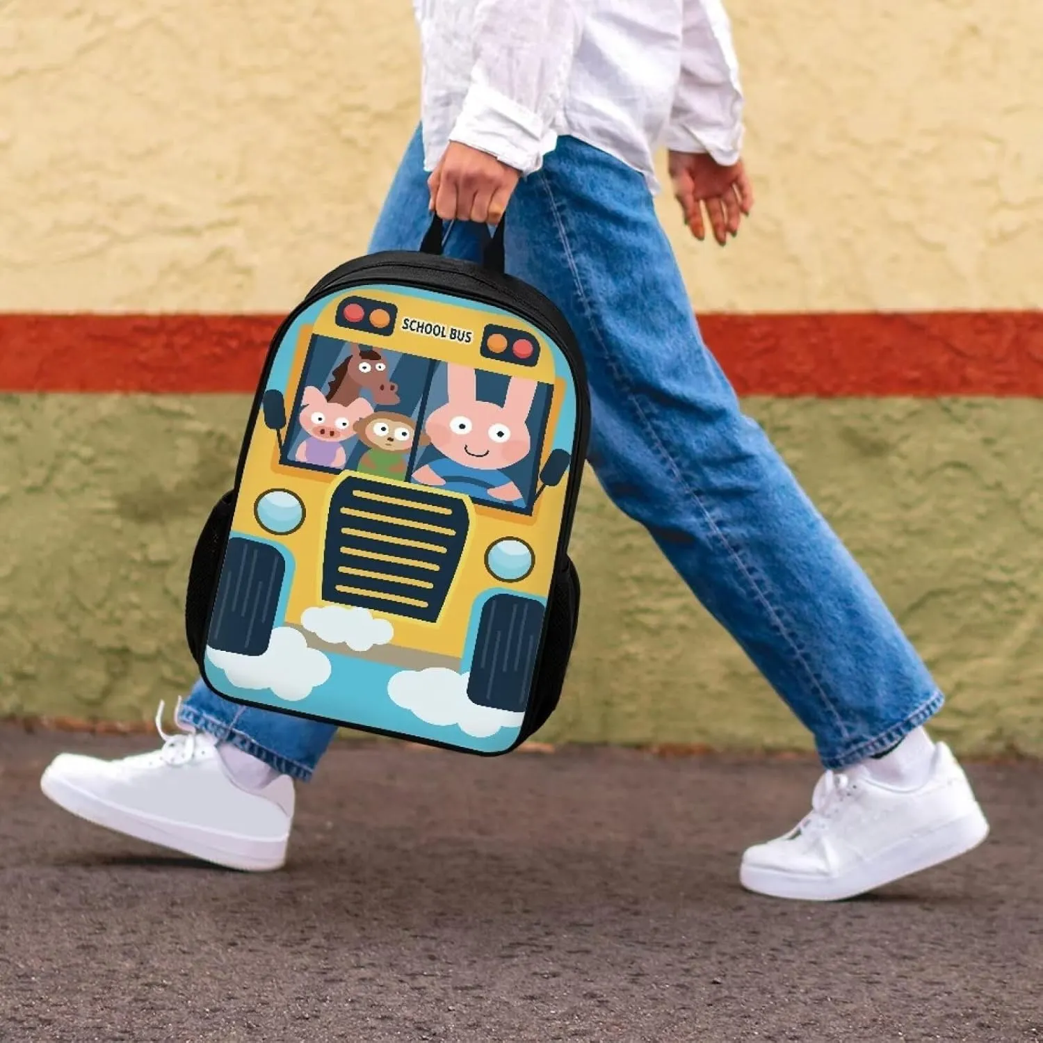 Mumeson 17" Backpack Kids School Bookbag,Cartoon Bus Backpacks Satchel for Teen Boys Casual Rucksack Daypack Black Daily Rucksack