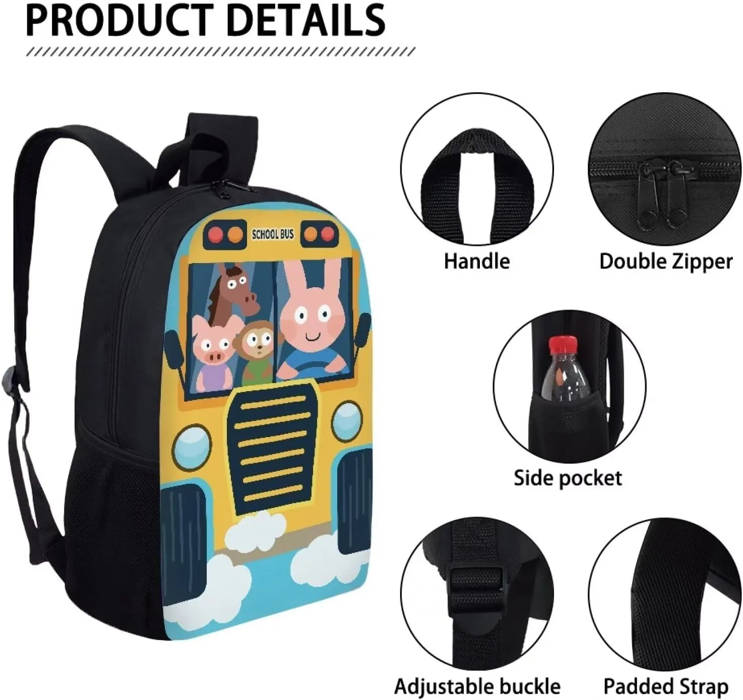 Mumeson 17" Backpack Kids School Bookbag,Cartoon Bus Backpacks Satchel for Teen Boys Casual Rucksack Daypack Black Daily Rucksack