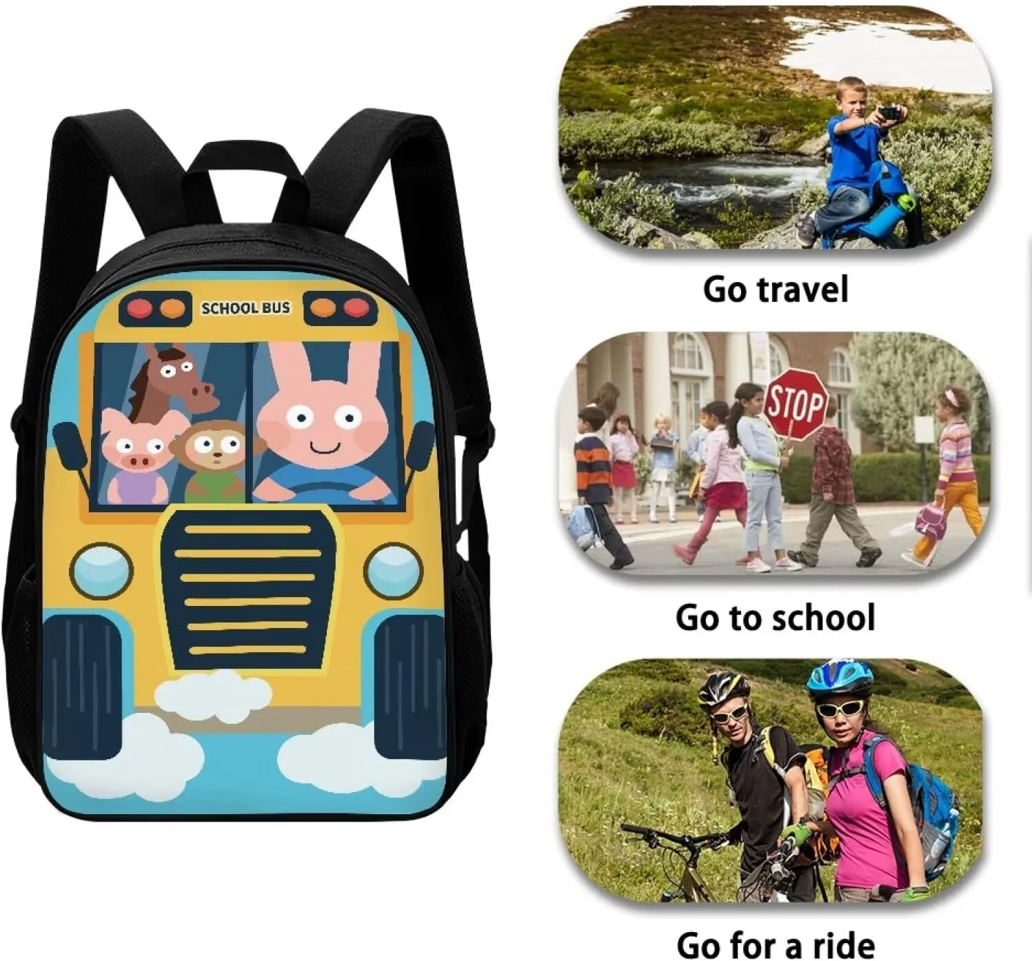 Mumeson 17" Backpack Kids School Bookbag,Cartoon Bus Backpacks Satchel for Teen Boys Casual Rucksack Daypack Black Daily Rucksack