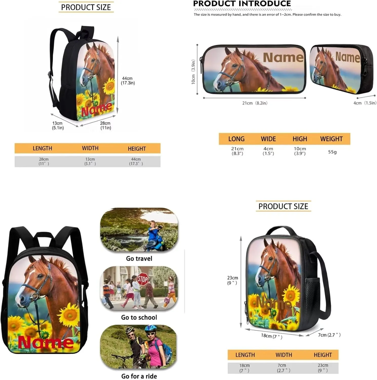 Mumeson Customized Personalization 17" Backpack Kids School Travel Backpacks Satchel Casual Rucksack Daypack for Girls Boys,Casual Rucksack Backpack with Lunch Bag Messenger Tote Bag Pencil Bag