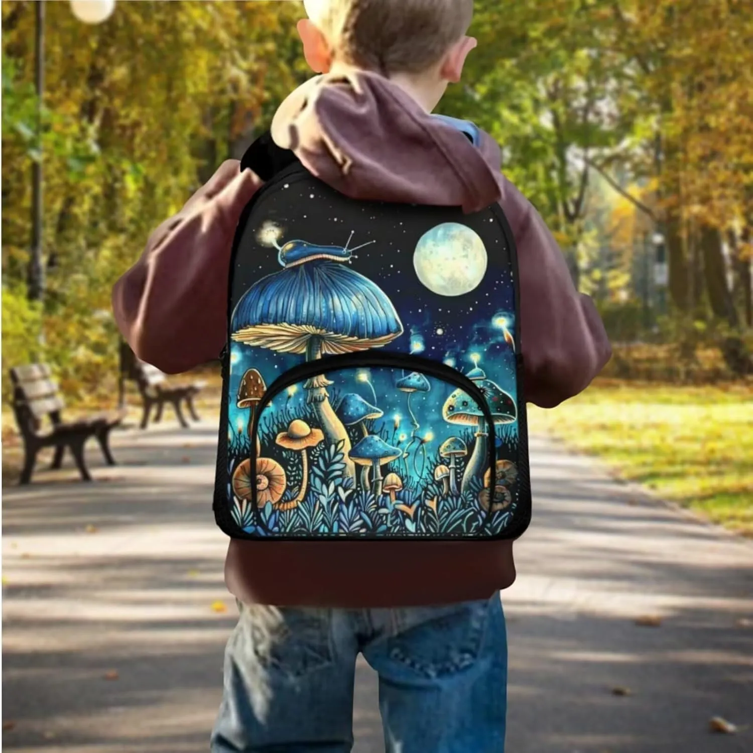 Mushroom Print Backpack Set for Kids 10-12 Fashion Backpack for School 12 Inch Waterproof Laptop Rucksack Thermal Lunch Bag with Pencil Case 3 in 1 for Student