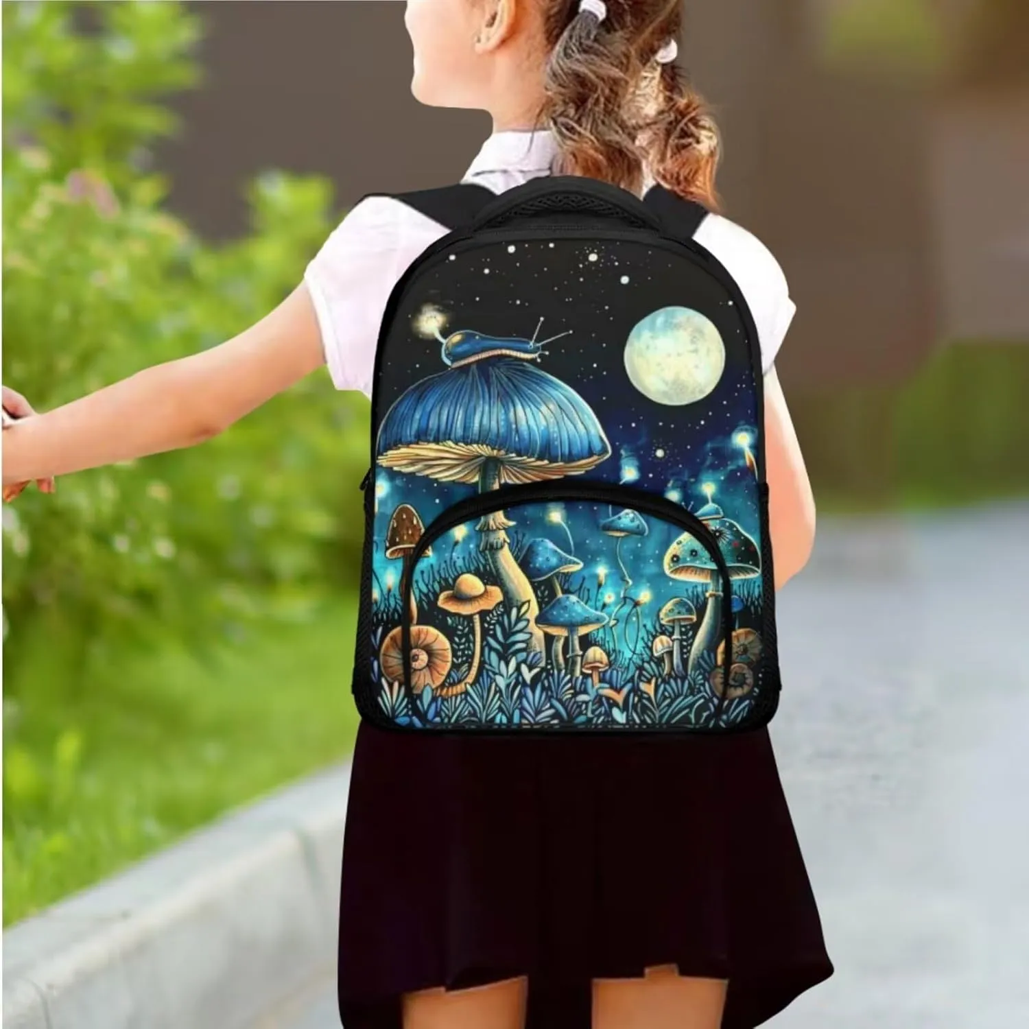 Mushroom Print Backpack Set for Kids 10-12 Fashion Backpack for School 12 Inch Waterproof Laptop Rucksack Thermal Lunch Bag with Pencil Case 3 in 1 for Student