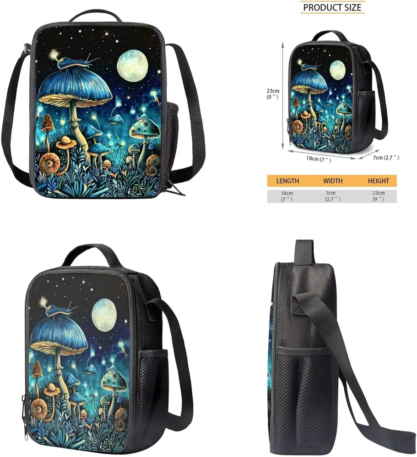 Mushroom Print Backpack Set for Kids 10-12 Fashion Backpack for School 12 Inch Waterproof Laptop Rucksack Thermal Lunch Bag with Pencil Case 3 in 1 for Student