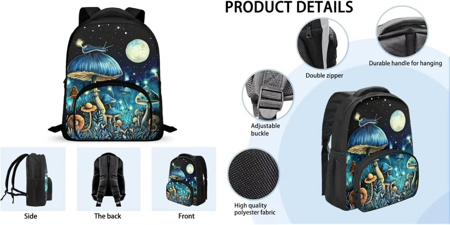 Mushroom Print Backpack Set for Kids 10-12 Fashion Backpack for School 12 Inch Waterproof Laptop Rucksack Thermal Lunch Bag with Pencil Case 3 in 1 for Student