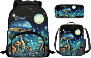 Mushroom Print Backpack Set for Kids 10-12 Fashion Backpack for School 12 Inch Waterproof Laptop Rucksack Thermal Lunch Bag with Pencil Case 3 in 1 for Student
