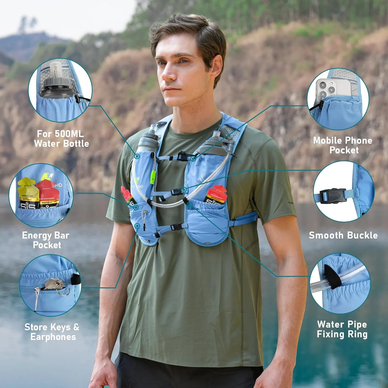 N NEVO RHINO Running Vest, Hydration Running Water Vest 5L with 1.5L Water Bladder Bag, Lightweight Hydration Pack Water Backpack Multi-Pocket for Hiking Race Trail Marathon for Women Men