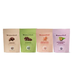 NATURE WELL Exfoliating Scented Dry Body Scrub Variety Pack, Includes 4 Different Scents, Gentle Exfoliation for Hands, Legs, Feet & Body, Just Add Water, Travel Friendly, 7 Ounces, Pack of 4