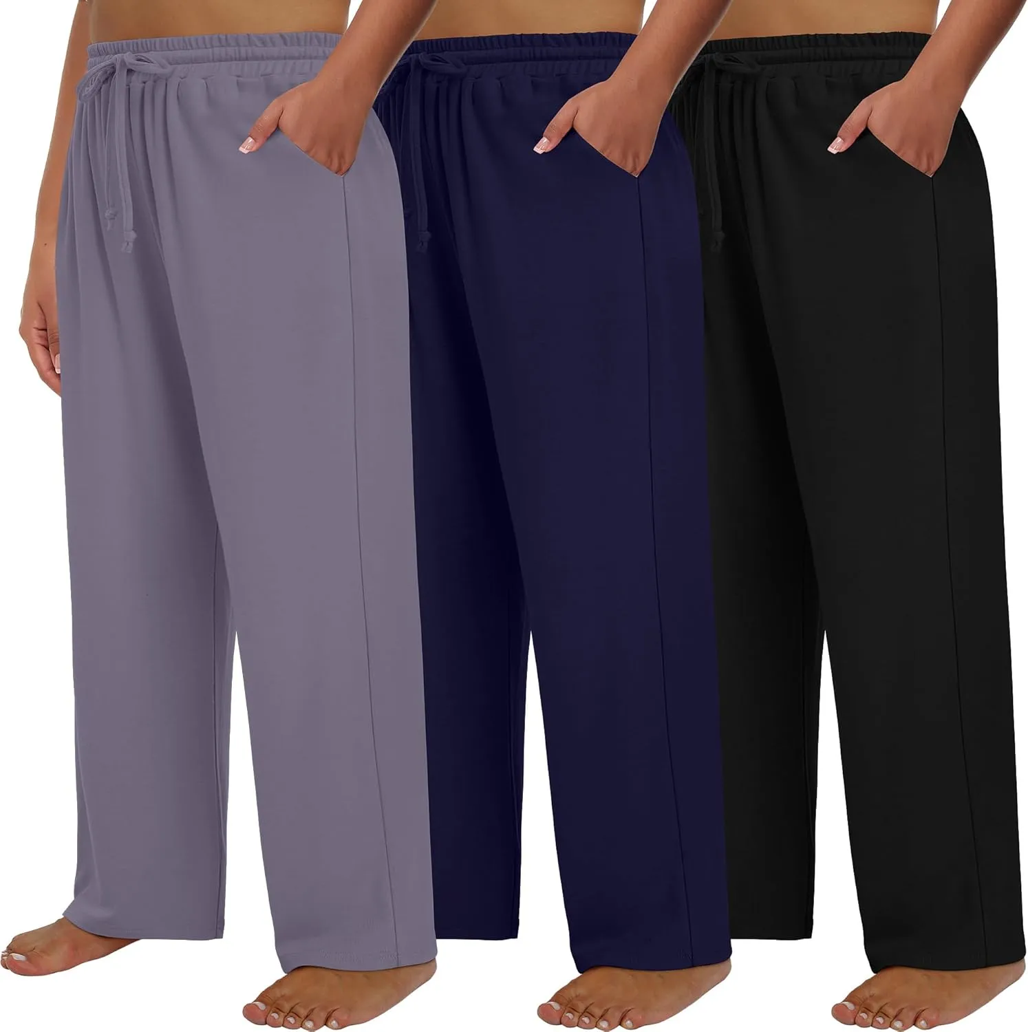 Neer 3 Pack Women's Plus Size Sweatpants Wide Leg High Waist Drawstring Yoga Lounge Joggers Open Bottom Pants with Pockets