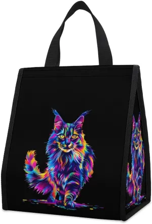 Neon-Colored Maine Coon Cat Portrait Lunch Bag for Adults Reusable Insulated Lunch Box Cooler Lunch Tote Bag for Work Travel Picnic