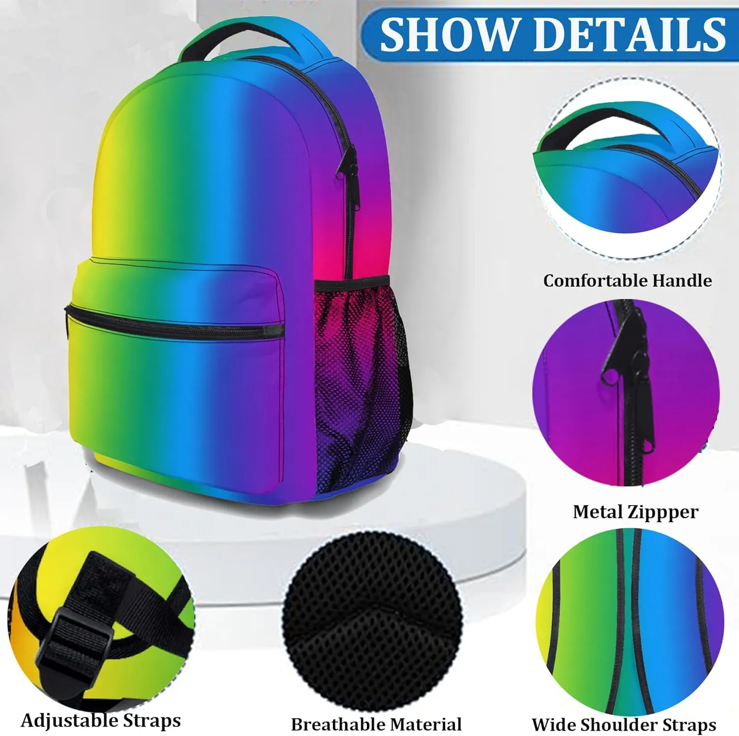 Neon Gradient Color Ergonomics Backpack Waterproof Travel Bags Casual Daypacks Notebook Laptop 17 Inch